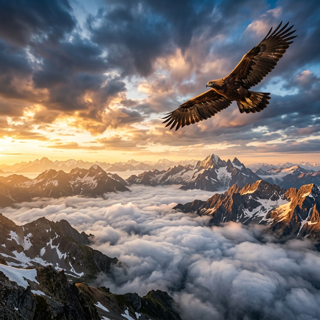 Majestic Eagle Soaring Above Mountain Peaks